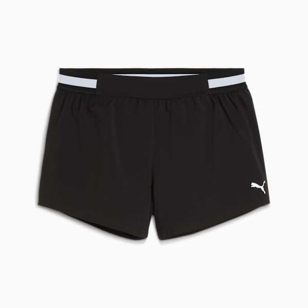 Black PUMA women's shorts with a white logo and waistband stripe detail.